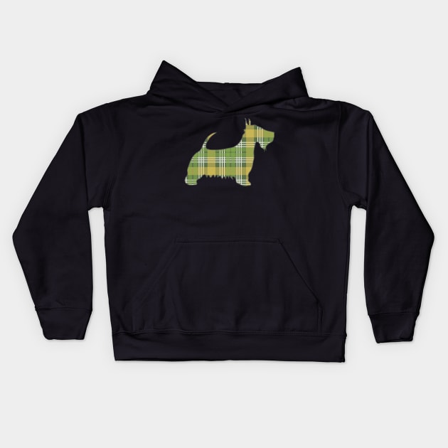 Green, White and Yellow Tartan Scottish Terrier Dog Silhouette Kids Hoodie by MacPean